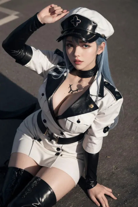 <lora:esdeath:0.8> ,esdeath, long hair, hat, peaked cap, military, uniform, military uniform, choker, thighhighs, boots, thigh boots, chest tattoo, hair between eyes, from above