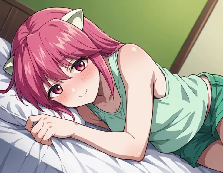 score_9, score_8_up, score_7_up, source_anime,
elfenliedlucy, <lora:elfen-lied-lucy-ponyxl-lora-nochekaiser:1>
lucy, long hair, pink hair, horns, pink eyes, smile,
shorts, tank top, green shorts, white tank top,
indoors, bed, bed room, on side, blush, drun...