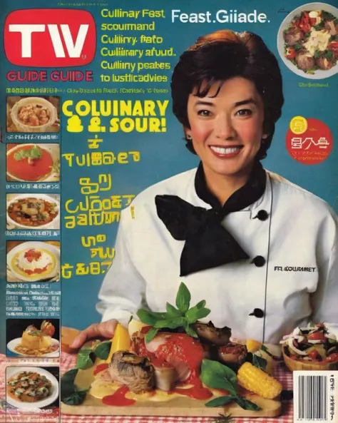 Gourmet Galore: TV Guide cover featuring culinary shows and mouthwatering dishes, promising a feast for the senses and a culinary adventure, gourmet:0.8, culinary shows:0.7, mouthwatering:0.7, feast:0.6, adventure:0.6. , Retro_Magazine , <lora:Retro_Magazi...