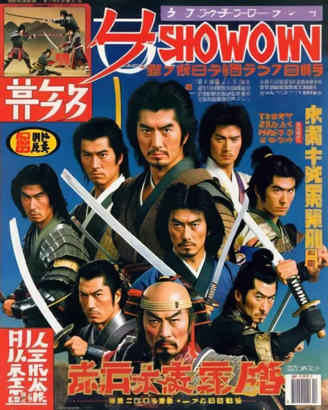 Samurai Showdown: A TV Guide cover featuring fearless samurai warriors from classic 80s samurai dramas, promising epic sword fights and tales of honor, samurai:0.8, sword fights:0.7, honor:0.7, epic:0.6, historical:0.6. , Retro_Magazine , <lora:Retro_Magaz...