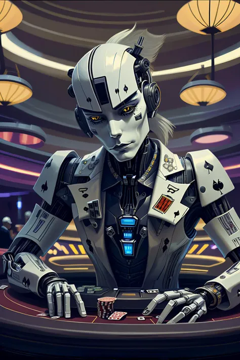 fantchar, a futuristic robot as a blackjack dealer in a casino, cybernetic, fantastic, whimsical, realistic, intricate, highly detailed