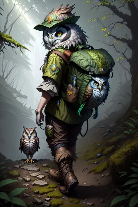 fantchar, an owl character walking through a mossy trail in a brightly lit forest, wearing a backpack and feathered cap, hiking boots, intricate, highly detailed, realistic, solo