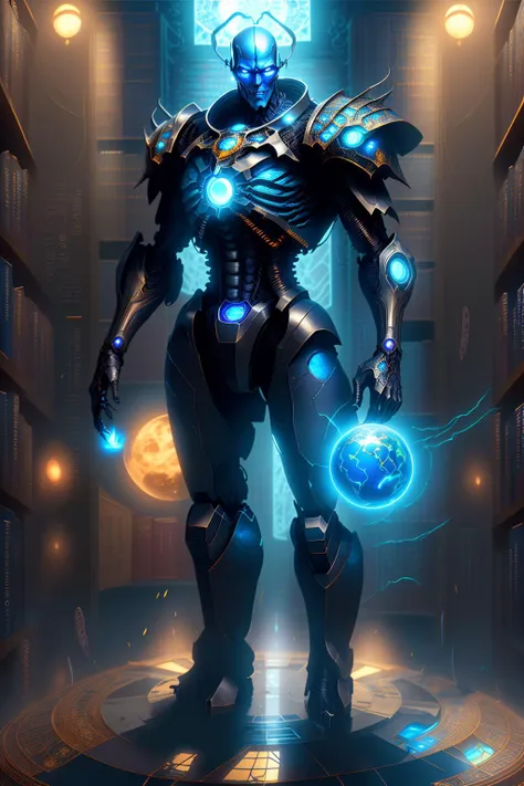 fantchar, a super villain robot standing over a spectral globe, glowing blue light shining from inside the robot, in a library with bookshelves, intricate, highly detailed, realistic