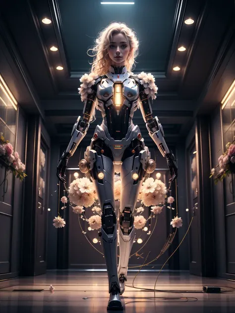 Masterpiece, best quality, chaos, elegant, vivid colors, atmospheric, a female robot, on spaceship, wires, sparks, lights, elegant, holograms of flowers blooming, in motion, dramatic, full body, organic composition, fantchar,  <lora:fantchar_v4:0.8>