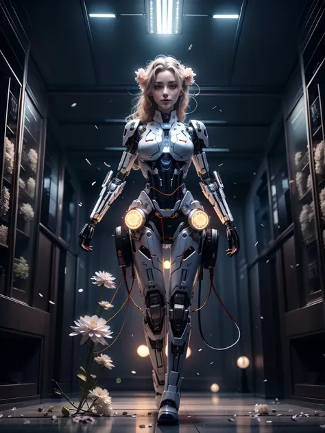 Masterpiece, best quality, chaos, elegant, vivid colors, atmospheric, a female robot, on spaceship, wires, sparks, lights, elegant, holograms of flowers blooming, in motion, dramatic, full body, organic composition, fantchar,  <lora:fantchar_v4:0.8>