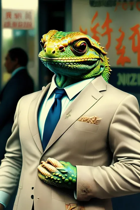 fantchar, a lizard like lawyer in a business suit waiting in line outside a popular noodle restaurant, scales, casual, crowded, realistic, intricate, highly detailed