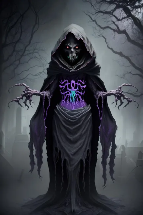 fantchar, a frightening creature with a demonic face and a wraith body walking through a foggy moonlit cemetery at night, ghostly, hooded, fire eyes, transparent, spectral, vapor, realistic, candles, moon, ceremonial, smoke, creepy, terrifying, terror, hor...