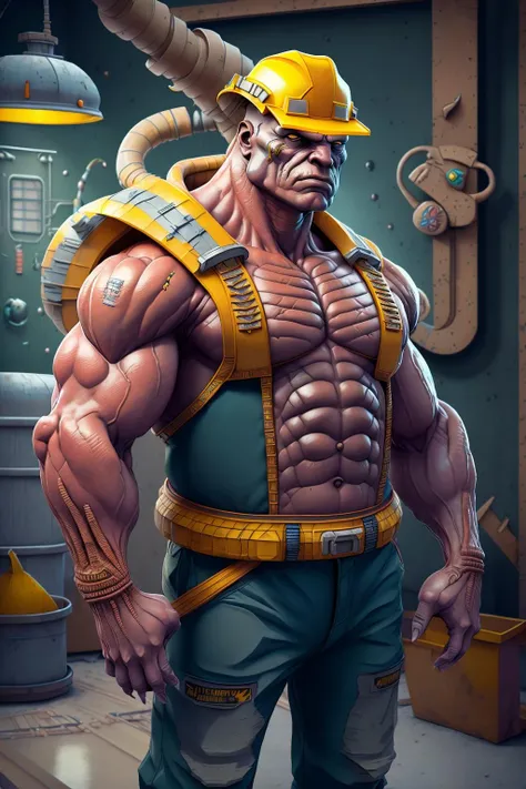 fantchar, a muscular space alien as an intimidating construction worker wearing a hard hat, arms crossed, artistic, intricate, highly detailed