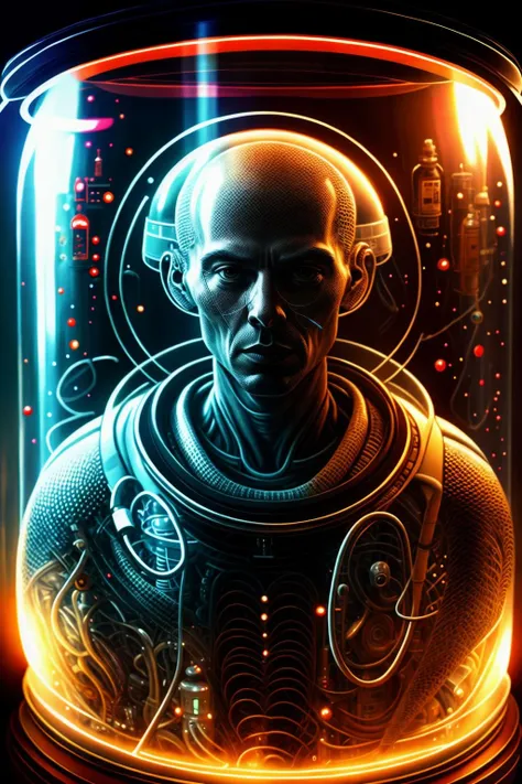 fantchar, a futuristic doctor trapped in a giant glass jar on an alien space ship, realistic, intricate, highly detailed