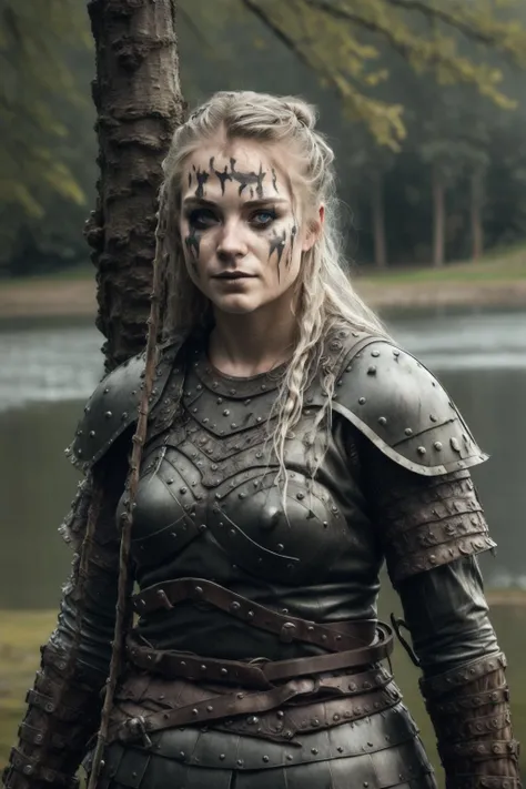 fantchar, a viking woman with wet hair and leather armor leaning against a tree, lake in the background, raining, overcast, smeared war face paint, leather armor, realistic, intricate, highly detailed