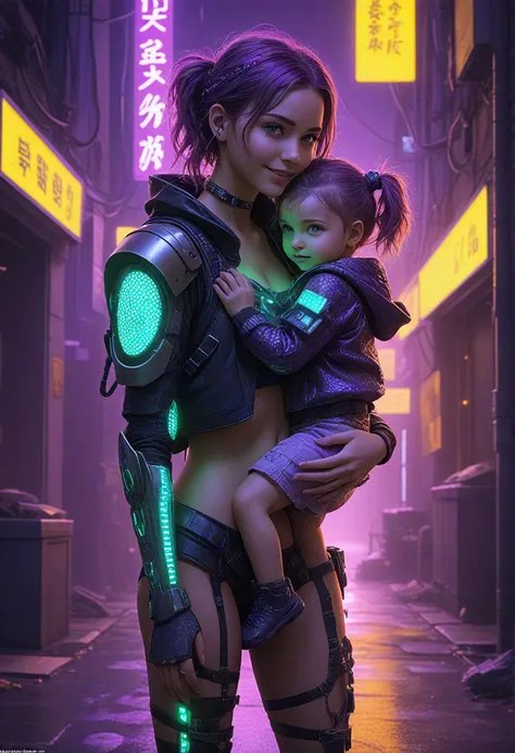 girl, child,cyborg, covered in scales, happy, carrying child,neon punk setting, glowing neon, cyberpunk, blue, purple, violet, green, yellow, orange,<lora:Happy_World.safetensors:1.0:0.97> <lora:CyborgsXL.safetensors:2.0:1.0> <lora:Scaleborn_SDXL.safetenso...