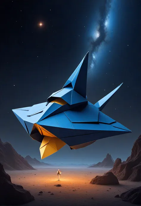 a blue origami flying over a desert with a star in the background