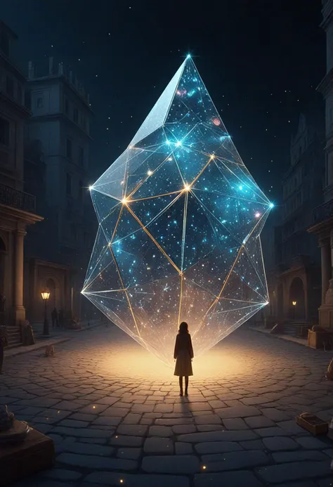 a woman standing in a courtyard with a large crystal cube