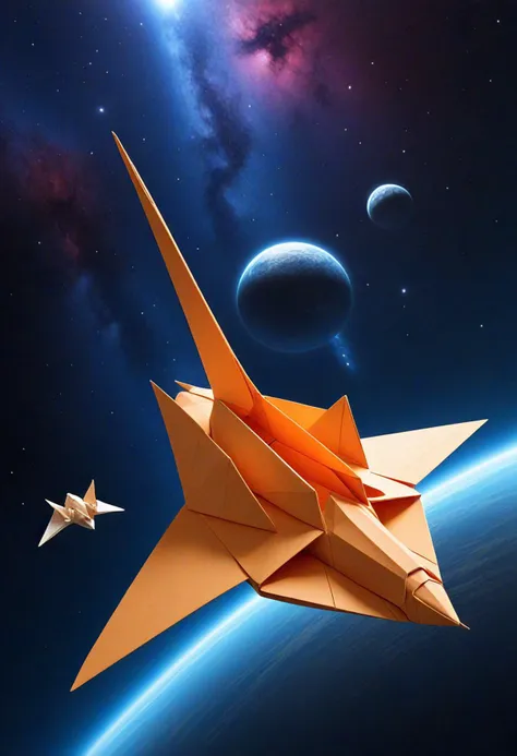 a close up of a paper airplane flying over a planet