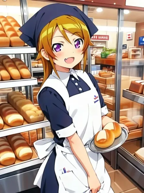 anime girl in uniform holding a tray of bread in front of a bakery