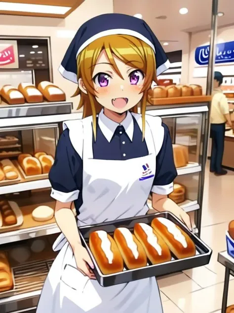 anime girl holding a tray of doughnuts in a bakery