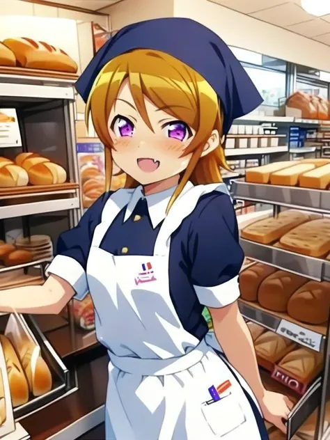 anime girl in uniform standing in front of a bakery counter