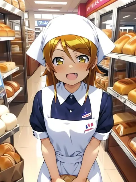 anime girl in a bakery holding a basket of bread