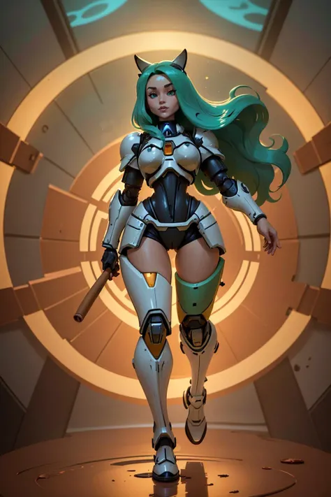 (masterpiece, best_quality, ultra-detailed, immaculate:1.3), epic, illustration, welcoming, depth of field, 1girl, (cinnamon cannoneer gamer:1.3), (in front of a  dimensional portal:1.3), (full body:1.4), thigh gap, glowing sea green hair, very long hair, ...