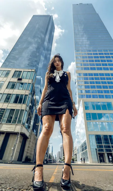 <lora:extremeangle-000002:1>,extremeangle,1 girl,moyou,building, skyscraper,magnificent_architecture ,shoes,bare legs ,(looking at viewer,:1.3)