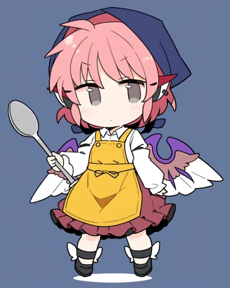 mystia lorelei,1girl, solo, holding_ladle, head_scarf, yellow_apron, closed_mouth, full_body, bird_wings, white_wings, single_earring, brown_dress, white_shirt, simple_background, black_footwear, long_sleeves, chibi, looking_at_viewer
<lora:mystia_lorelei_...