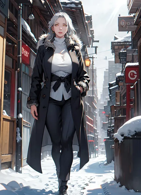 a woman in a black coat and white shirt walking down a snowy street