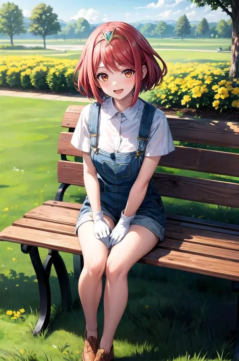 (masterpiece, best quality, detailed), 1girl, solo, looking at viewer, pyradef, tiara, 
overalls, short sleeves, white gloves, white shirt, outdoors, garden, grass, sunlight, day, blue sky, yellow flower, sitting on bench, on bench, bench, sitting, full bo...