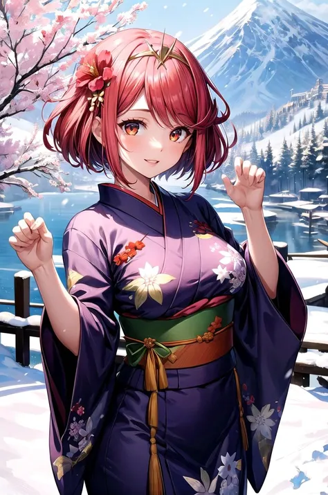 (masterpiece, best quality, detailed), 1girl, solo, looking at viewer, pyradef, tiara, 
yukata, kimono, obi, print kimono, japanese clothes, hair flower, outdoors, winter, mountain, snow, bare tree, scenery, (snowing), claw pose, seductive smile, smile, pa...