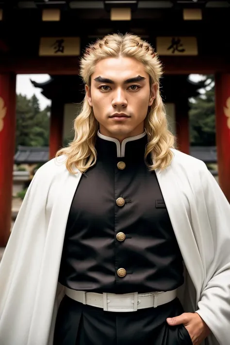 (masterpiece), medium shot of an men samurai, rengoku kyojuro, blonde hair, (long hair, forked eyebrows), near a japanese temple at sunset, (demon slayer uniform, black jacket, long sleeves, white cape, black pants, white belt), high quality, 8K HDR, maste...