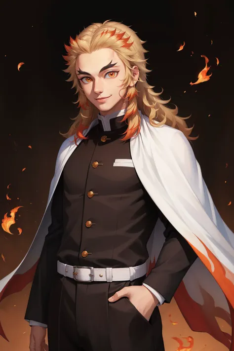 (masterpiece, best quality:1.2), <lyco:demonslayer_rengoku-10:1.0>, orange theme, cowboy shot, solo, male focus, 1boy, rengoku kyojuro, smile, looking at viewer, long hair, forked eyebrows, demon slayer uniform, black jacket, long sleeves, white cape, blac...