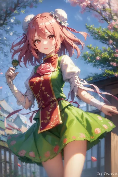 1girl, ibaraki kasen, tabard, green skirt, pink rose, floral pattern, (impressionism:1.4) <lyco:IbarakiKasenReroV1 - ibaraki kasen, ibaraki kasenx:0.7>