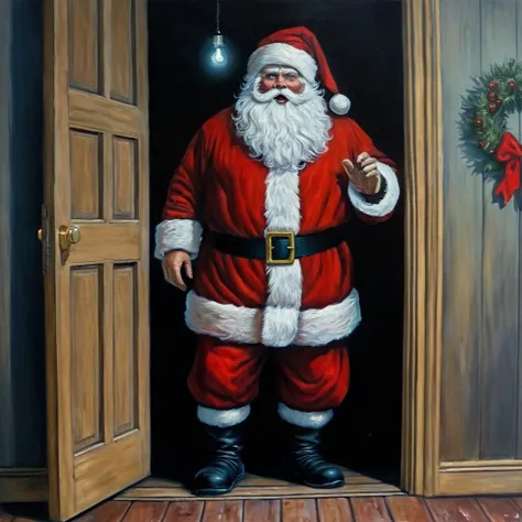 Horror-themed,  <lora:Santa Claus:1.5>
Santa Claus a painting of a scary santa claus standing in a doorway in Christmas Eve, Eerie, unsettling, dark, spooky, suspenseful, grim, highly detailed