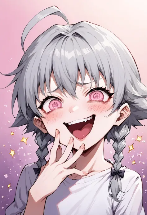 anime girl with gray hair and pink eyes with a smile