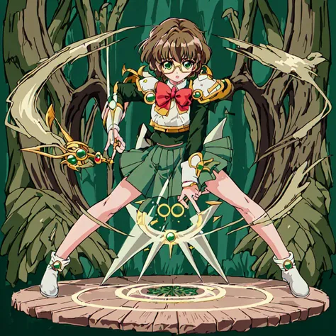 <lora:Magic_Knight_Rayearth-10:1>outdoor,Masterpeace,high quality,Magic_Knight_Rayearth, 1girl, solo, short hair, green skirt, pleated skirt, brown hair, bow, school uniform, green eyes, white shoes,circle glasses