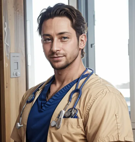 arafed male in scrubs standing in front of a window