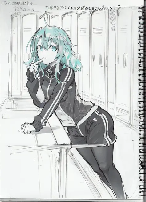 a drawing of a girl with blue hair leaning on a ledge