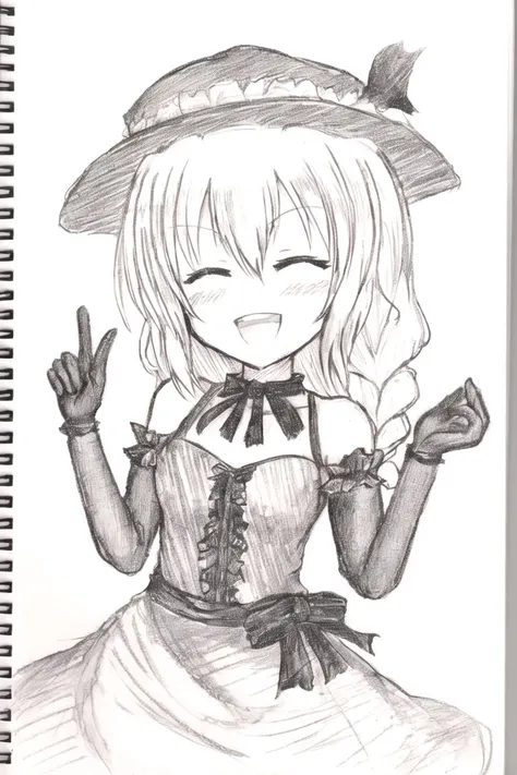 sketch, greyscale, monochrome, traditional media, 1girl, holding sign, solo, sign, closed eyes, long hair, holding, gloves,black gloves, chibi, white background, smile, simple background, open mouth, bangs, upper body, dress, official alternate costume, :d...