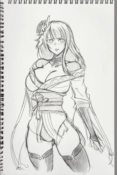 <lora:style18-v2:1>,sketch, greyscale, monochrome, traditional media,<lora:raiden:1>,1girl, breasts, human scabbard, raiden shogun, solo, weapon, sword, large breasts,  japanese clothes, long hair, thighhighs, musou isshin (genshin impact), hair ornament, ...