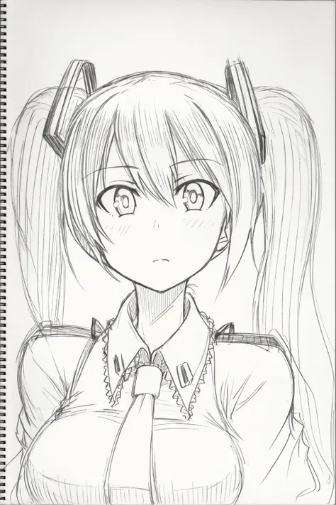 <lora:style18-v2:1>,sketch, monochrome, greyscale, traditional media, 1girl,hatsune miku, long hair,twintails, headgear,