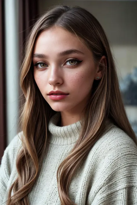 photo of (EP0l1v14C0l4ng3l0:0.99), closeup portrait, perfect hair, (modern photo, Chunky cable-knit Aran sweater tucked into wide-leg trousers with heels), 24mm, (analog, cinematic, film grain:1.3), (([artists studio, coffee table,broom and dustpan,wall ar...