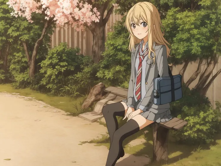 thighhighs , blonde hair, blush, looking at viewer, school uniform, school, bench, sitting, sunlight,1girl, solo, solo focus,  bush, warm colors, black thighhighs, school bag, pigeon-toed, brown footwear,   <lora:kaori:0.7>