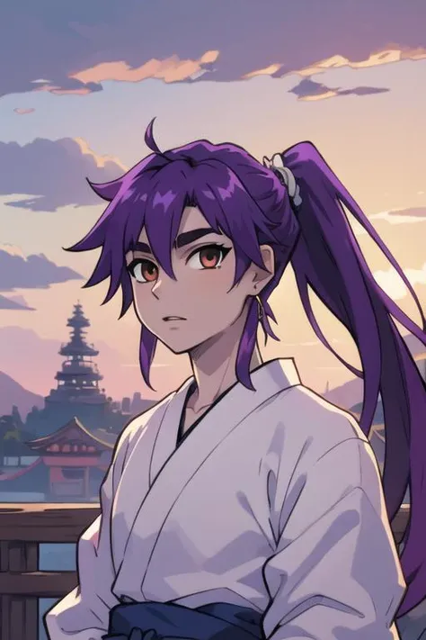 masterpiece, best quality, high quality, 1boy, solo, male focus, looking at viewer, upper body, <lora:sinbad_magi:0.54>, sinbad_magi, purple hair, jewelry, long hair, brown eyes, ponytail, yukata