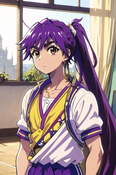 masterpiece, best quality, high quality, 1boy, solo, male focus, looking at viewer, upper body, <lora:sinbad_magi:0.72>, sinbad_magi, purple hair, jewelry, long hair, brown eyes, ponytail, gym uniform