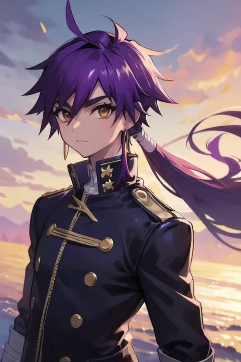 masterpiece, best quality, high quality, 1boy, solo, male focus, looking at viewer, upper body, <lora:sinbad_magi:0.68>, sinbad_magi, purple hair, jewelry, long hair, brown eyes, ponytail, gakuran