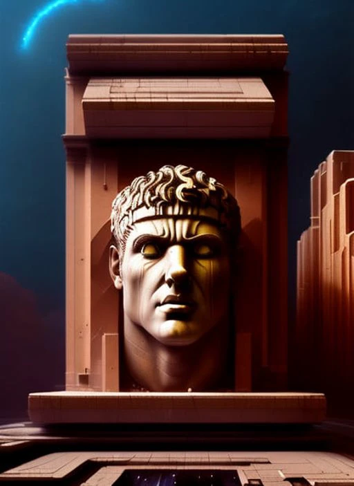 a gigantic caesar detailed carved wall front view, brutalism architecture, cyberpunk cityscape, dark, cosmic, octane, digital pa...