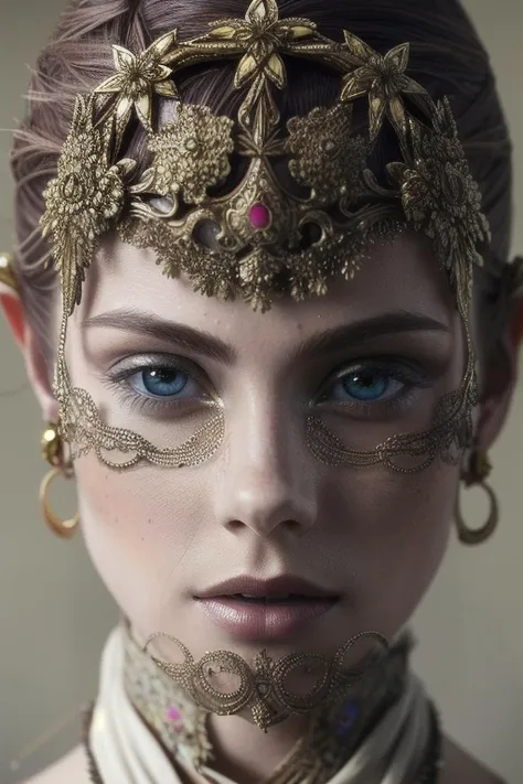 a close up of a woman with a gold headpiece and a scarf