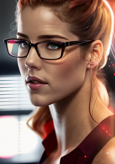 photo of a woman (FelicitySmoak:0.99)  wearing glasses, wearing a red top, with a computer screen in the background, high detail, high quality , highly detailed skin, realistic face, (grey eyes:1.1), leica 50mm