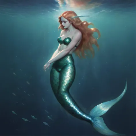 a mermaid swimming underwater in a loose painterly style, with shiny scales, magical,  (SimplePositiveXLv2:1),  <lora:Painterly_digital_oils-000006:1>