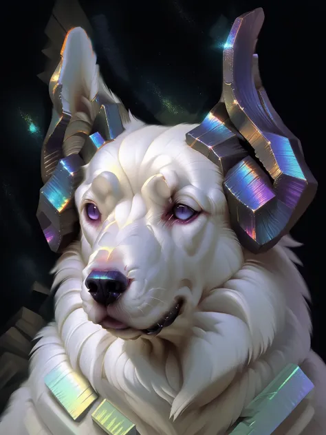 digioils style, a white dog with bismuth ears, cool colours, abstract, black background, (SimplePositiveXLv2:1), <lora:Digital_Painterly_Oils_2:1>