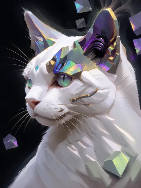 digioils style, a white cat with bismuth ears, cool colours, abstract, black background, (SimplePositiveXLv2:1), <lora:Digital_Painterly_Oils_2:1>